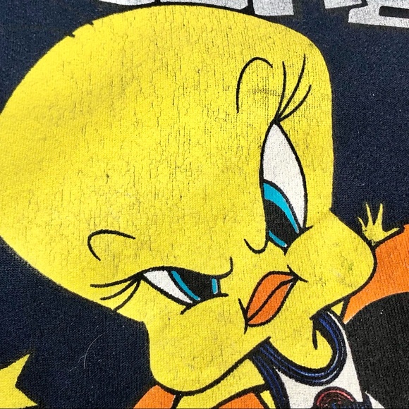 Space Jam Looney Tunes Tweety Bird Vintage 90s Dark Blue Sweatshirt Size M/L? - Picture 3 of 10